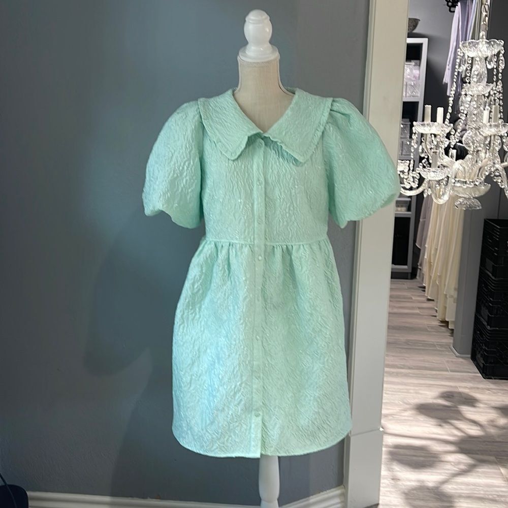 Los Angeles Atelier & other stories mint green dress with puffy sleeves